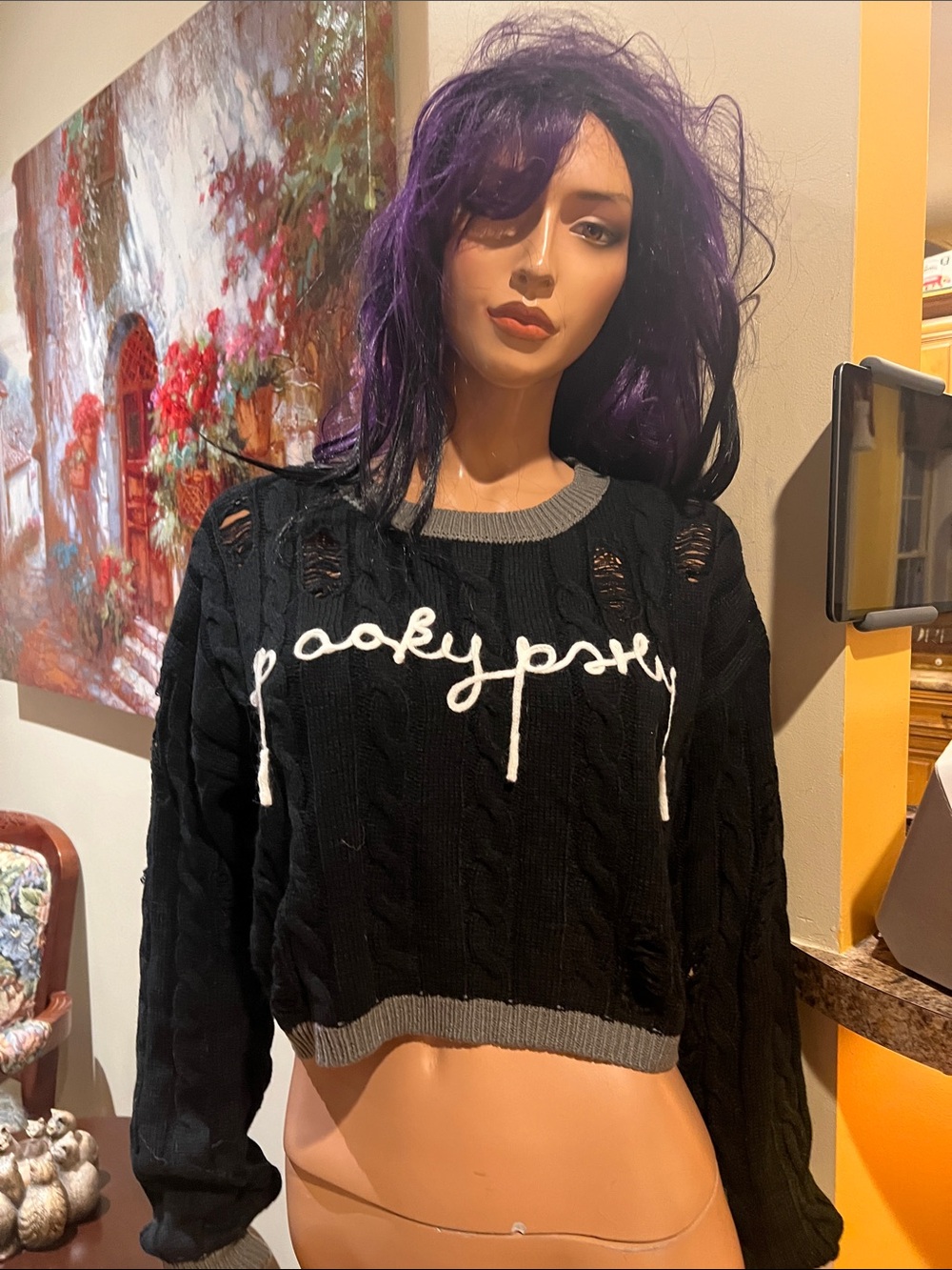 Black Spooky Party S crop Crewneck Sweater goth distressed nwot